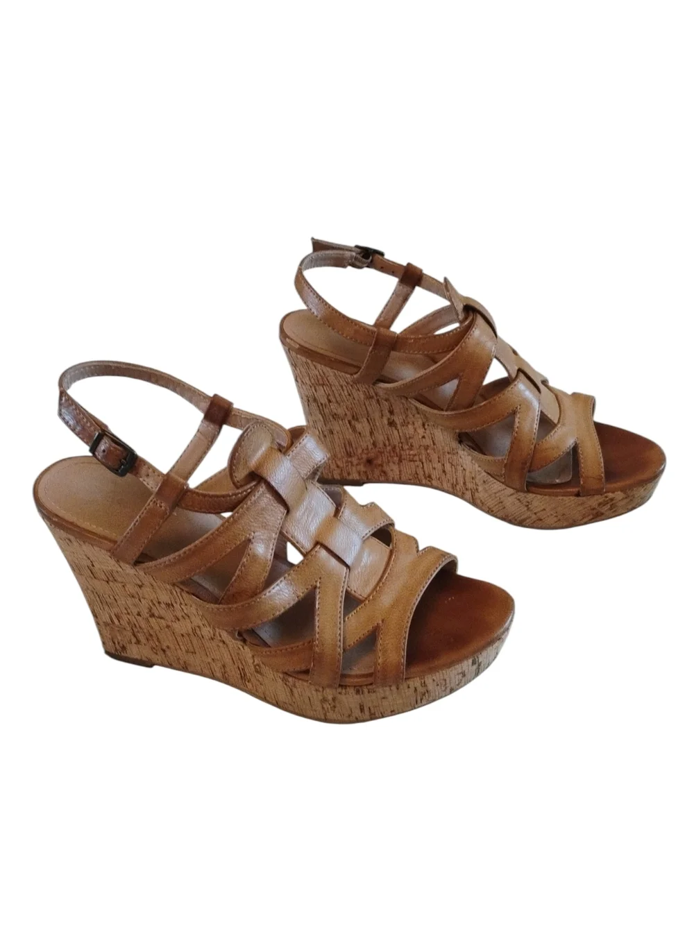X Appeal Light Brown Strappy Wedge Sandals SZ 8.5